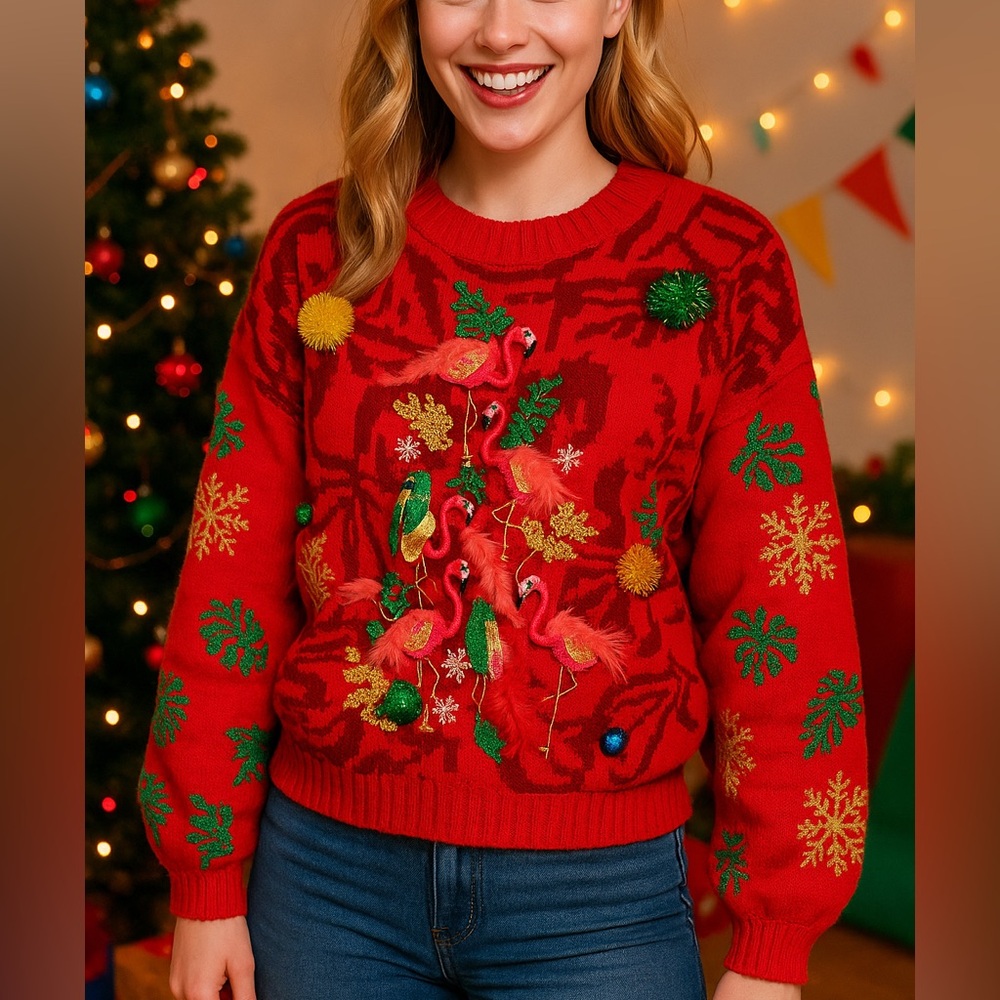 Flamingo Birds Tropical Embellished Red Ugly Christmas Sweater Womens size Small